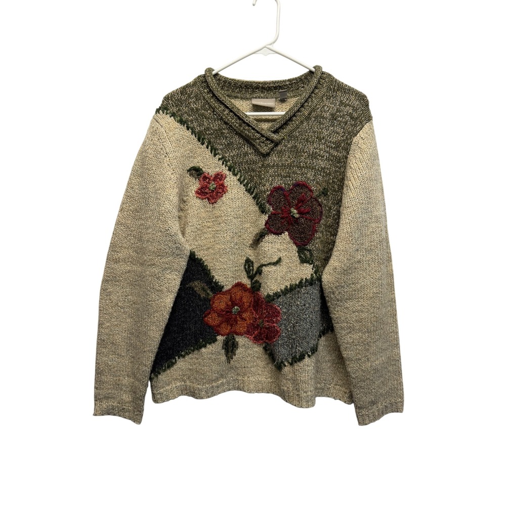 Vintage Womens XL Floral Patchwork Embroidered V-Neck Chunky Knit Sweater
